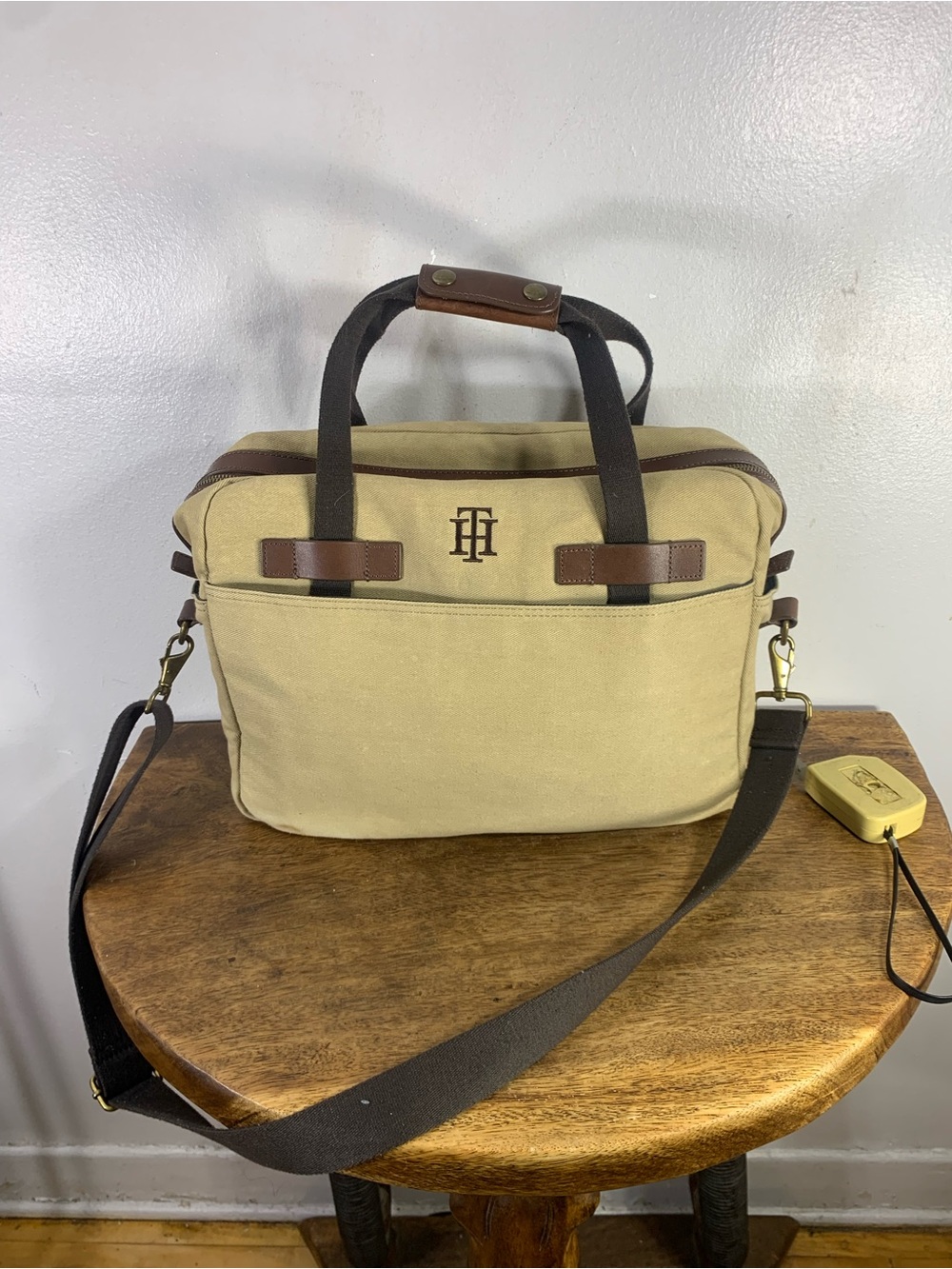 Hilfiger canvas and leather laptop computer messenger shoulder bag